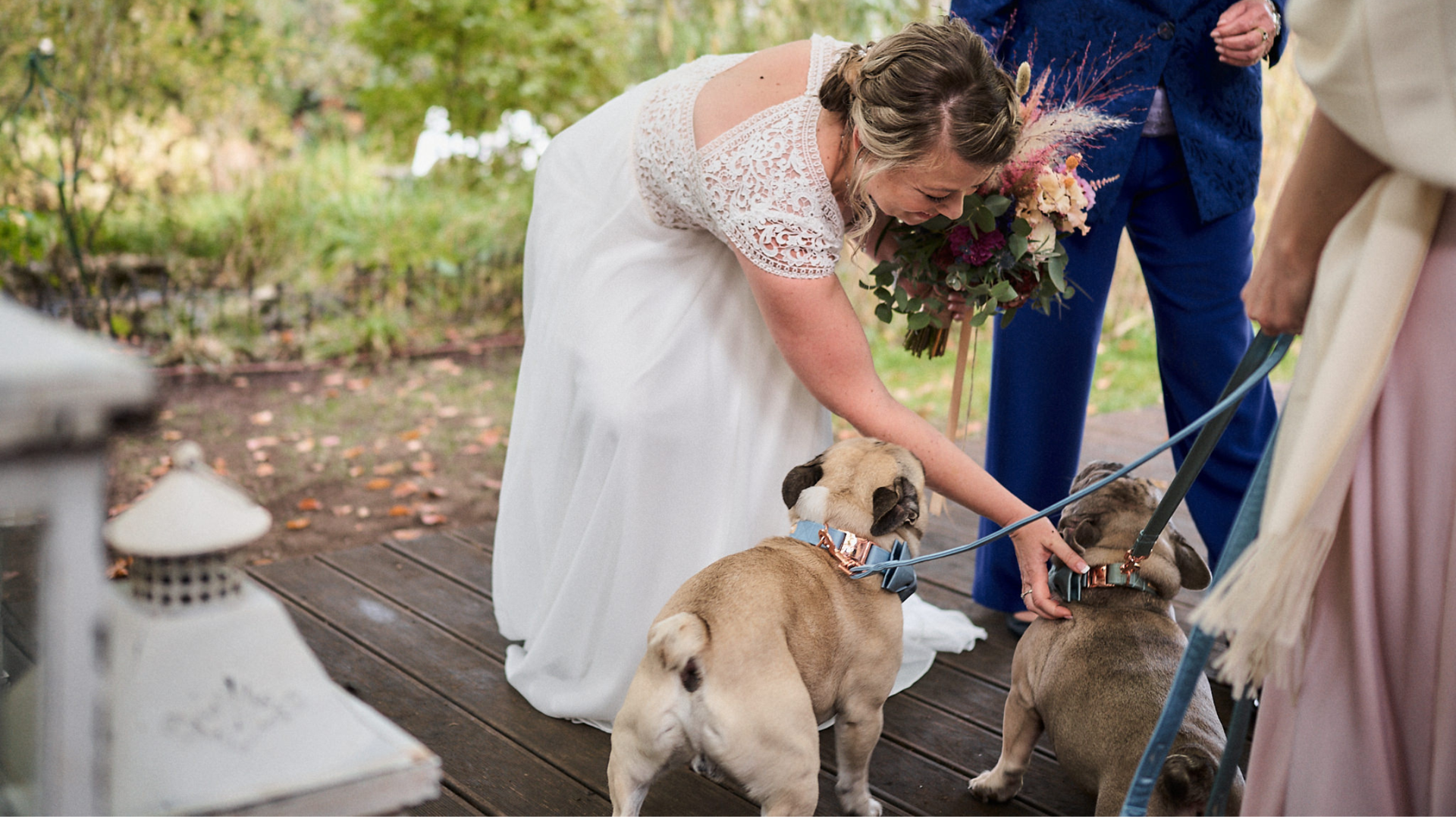 Braut streichelt Französische Bulldoggen